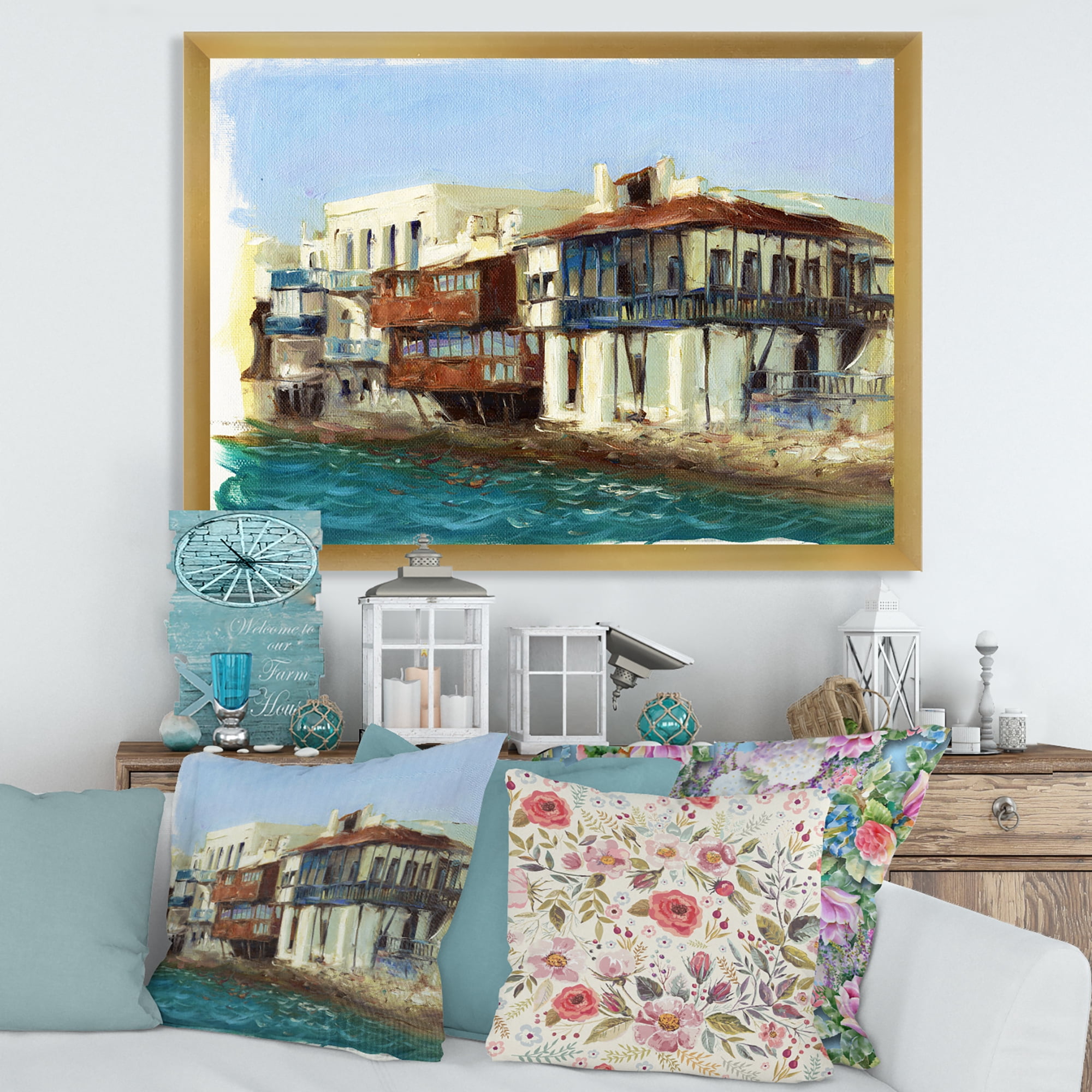 Designart 'Impression Old Houses On The Island of Mykonos Greece' Nautical & Coastal Framed Art Print