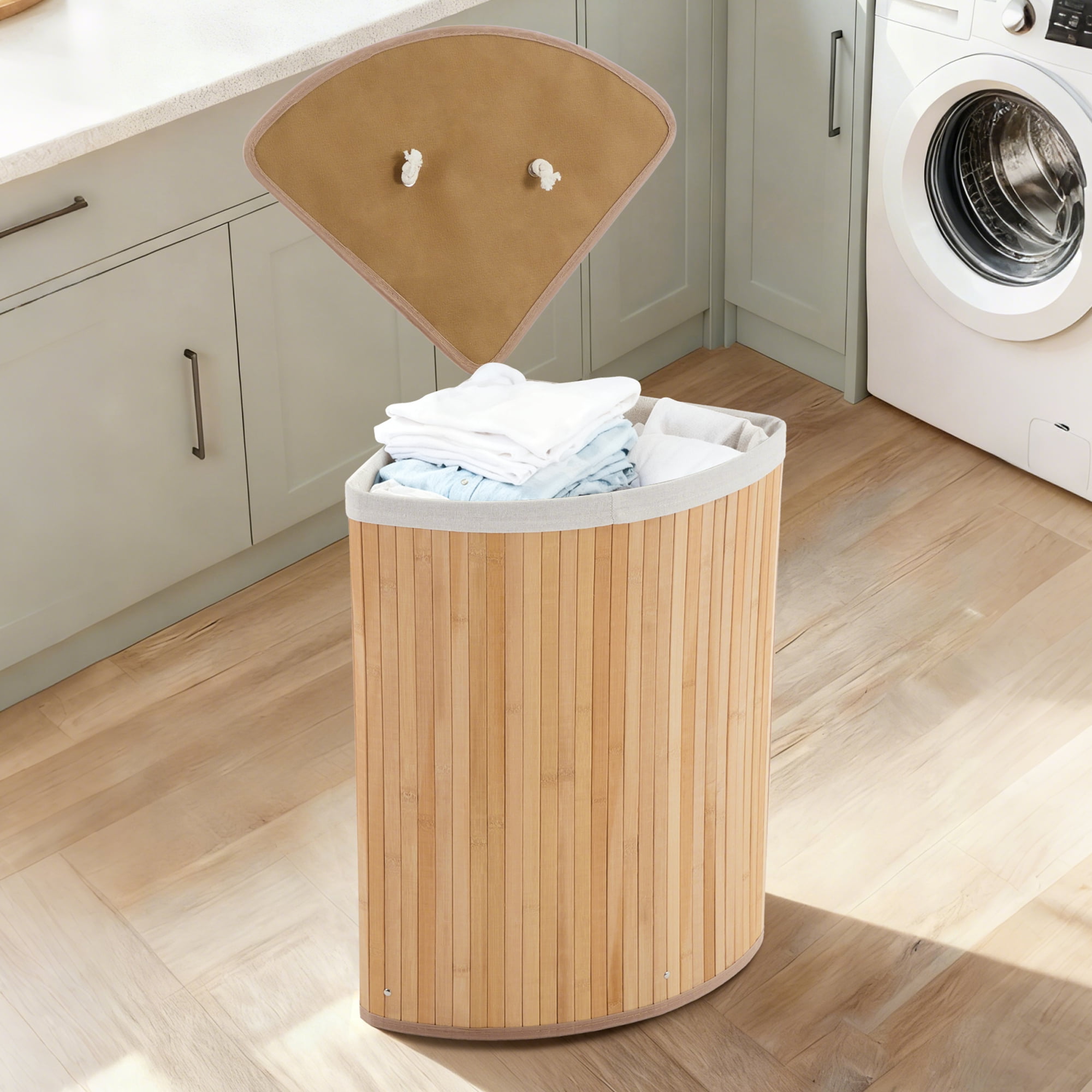 Corner Laundry Hamper with Lid, 19 Gallon/73 Liter Large Foldable Bamboo Laundry Basket with Washable Liner Bag, Wicker Clothes Hamper for Bedrooms Bathrooms Apartments, Natural