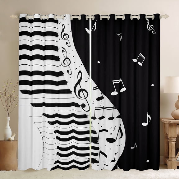 Manfei Teens Piano Music Black Out Curtains, Geometric Stripes Curtains Pack of 2 (42x63 Each), Black White Musical Note Bedroom Curtains, Curtains and Drapes Home Decor