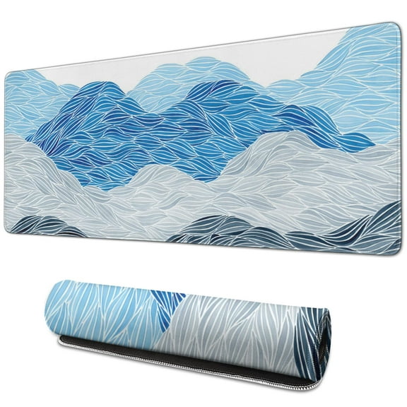 "XL Japanese Blue & White Wave Gaming Mouse Pad - Non-Slip Rubber Base, 31.5 X 11.8 Inch"