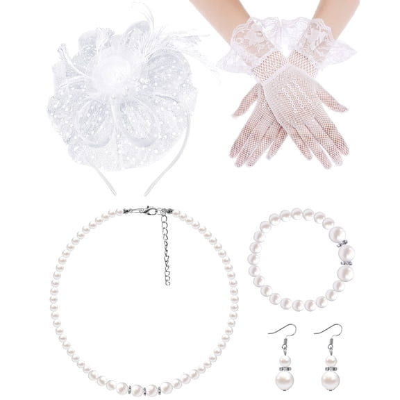 Vintage Fascinators Hat Set for Women Tea Party Hats Veil Mesh Feather Headband Lace Gloves Set