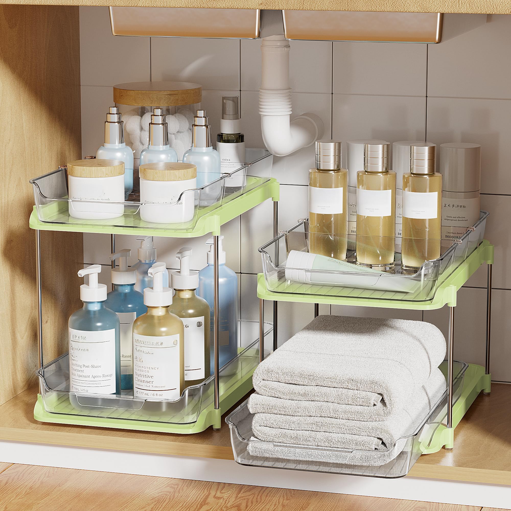 2-tier Multi-purpose Bathroom Under Sink Organizers And Storage  Stackable Kitchen Pantry Organization Pull Out Cabinet Organizer With Movable Dividers Green 2 Pack