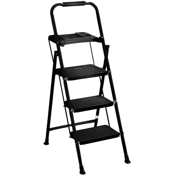 ZENSTYLE 3 Step Ladder Folding Step Stool Portable Metal Frame Ladder with Tool Tray Wide Non-Slip Pedal, Black
