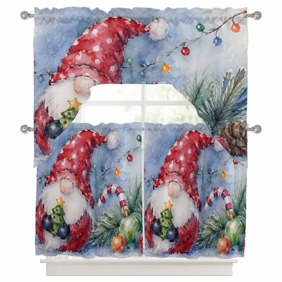Christmas Gnomes Swag Curtains Valance and Tier Set, Winter Snowman Xmas Tree Candy Cane Watercolor Swag Curtains Drapes Rod Pocket for Kitchen Bathroom Small Window, 3 Pieces 56x36in 27.5x24*2