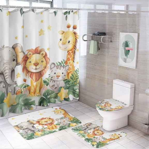 Watercolour Cartoon Lion Elephant 4 Pcs Shower Curtain,Modern Rainbow Pattern Cute Forest Giraffe Shower Curtain Set Non-Slip Rugs Toilet Lid Cover Bath Mat 12 Hooks