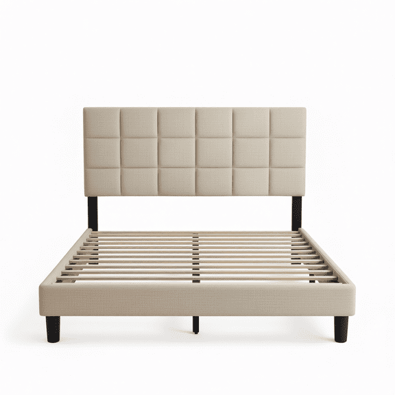 Full Size Platform Bed Frame with Upholstered Headboard, Linen Fabric, Wooden Slats, No Box Spring Needed, 800 lbs Capacity, Beige