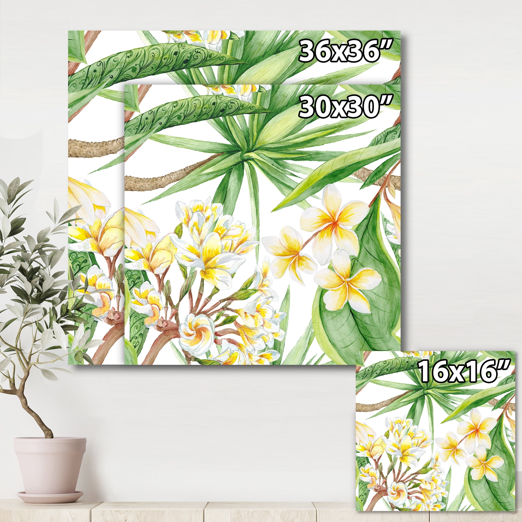 Designart ' Yellow Flowers and Tropical Foliage I ' Modern Canvas Wall Art Print