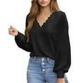 thumbnail image 5 of Shirts for Women Solid Color Casual Fashion Spring Blouses Long Sleeve Work Blouses V-Neck Tops, 5 of 6