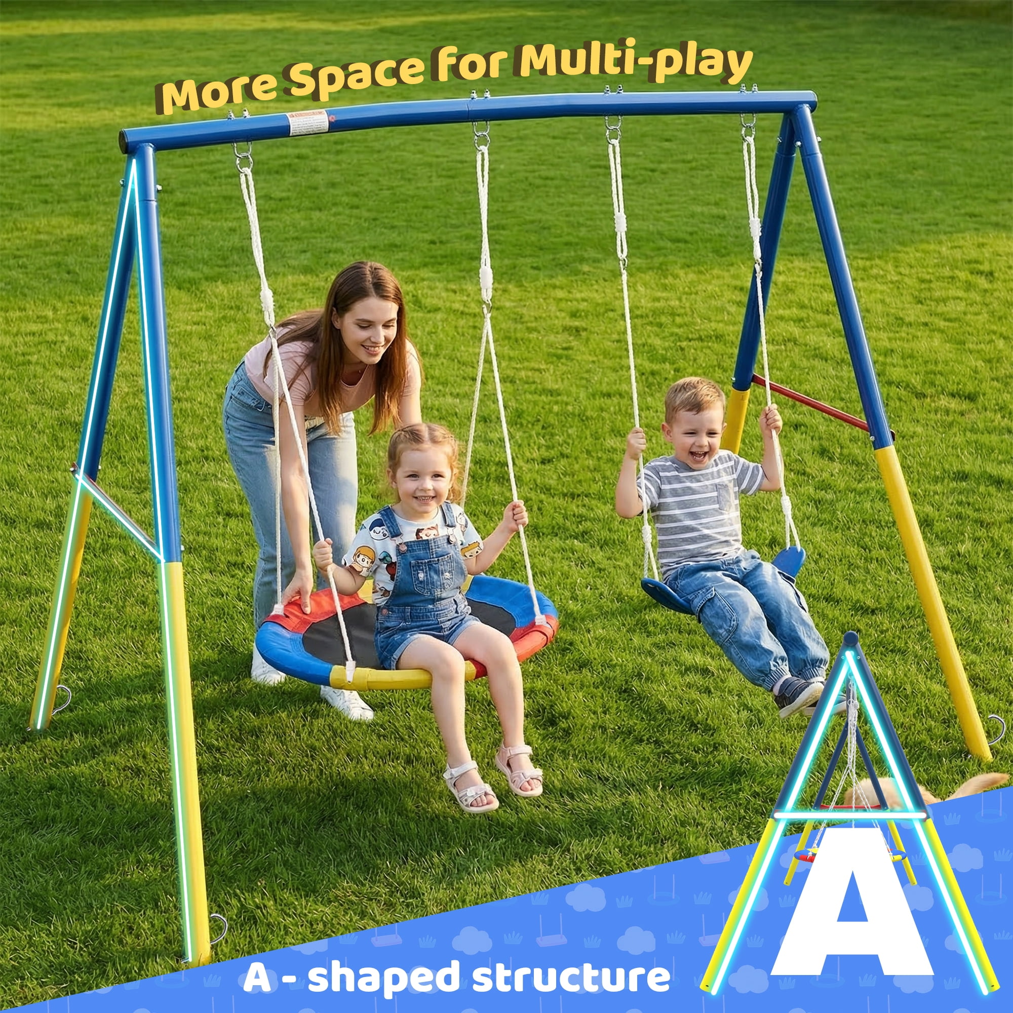 330lbs Heavy-Duty A-Frame Swing Set, Outdoor Metal Swing Stand with 32" Saucer Swing and Belt Swing Seat for Backyard Garden Patio