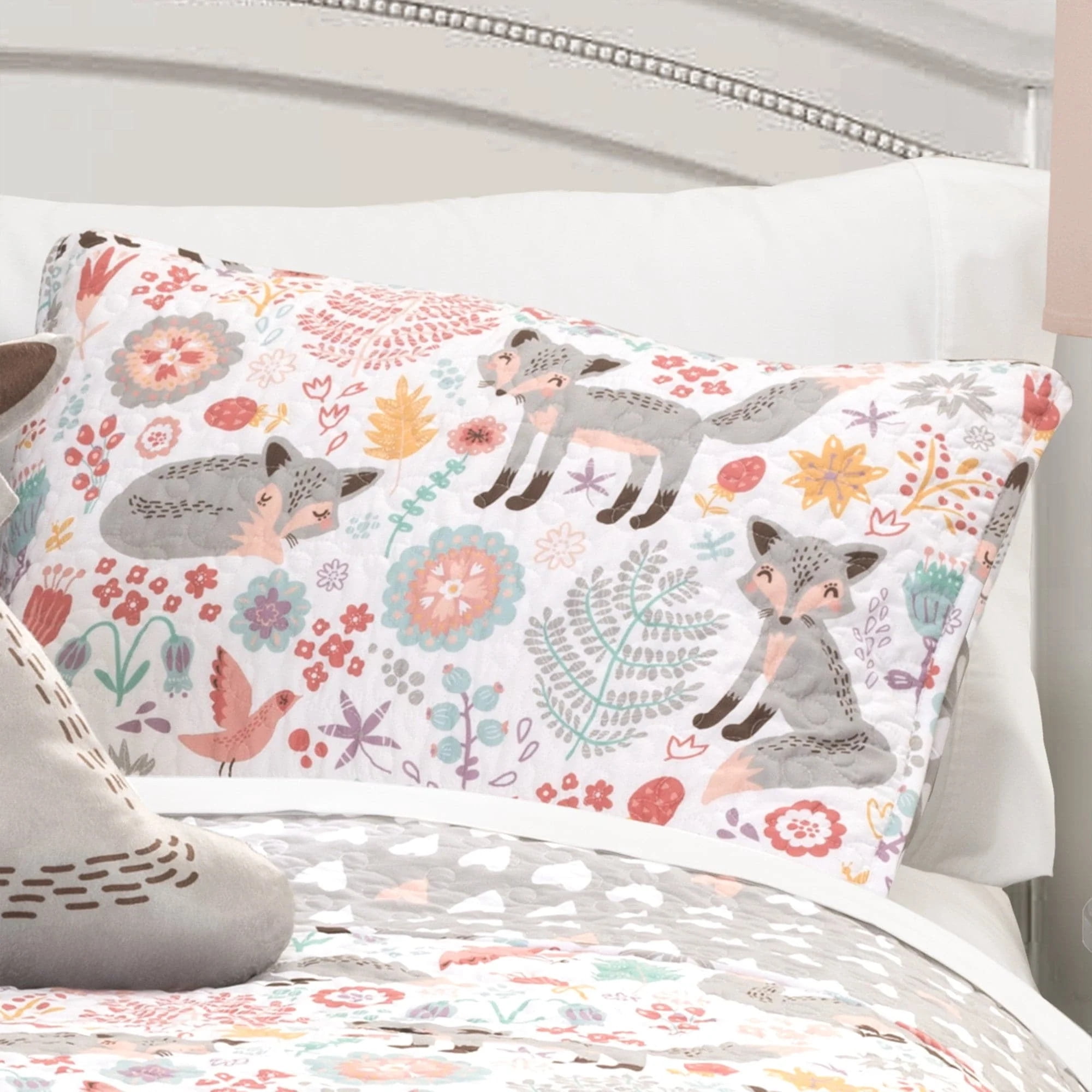 Lush Decor Pixie Fox Kids Animal Print Polyester Reversible Quilt, Twin, Navy/Pink, 3-Pc Set