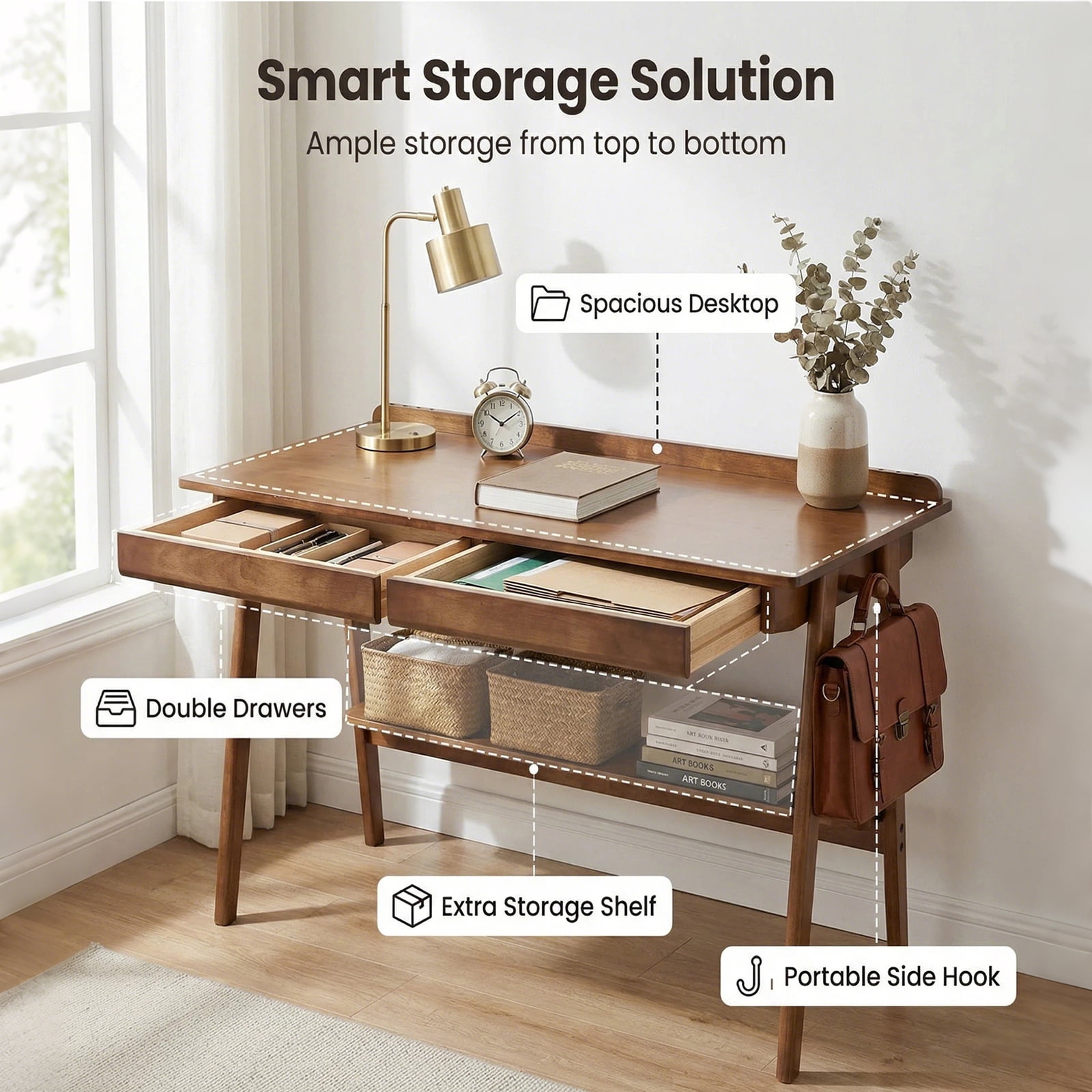 Hommoo Mid-Century Modern Solid Wood Writing Desk with 2 Drawers, Open Shelf & Side Hooks, Home Office Desk for Small Spaces, Study, Bedroom or Living Room, Walnut