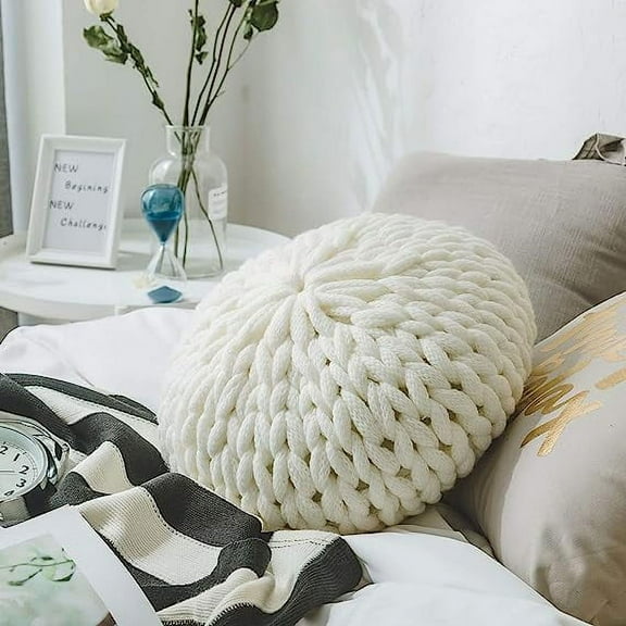 Namzi Chunky Knit Round Shaped Throw Pillows with Insert Super Soft Cozy Decorative Handmade Cushions (White, Diameter 16")