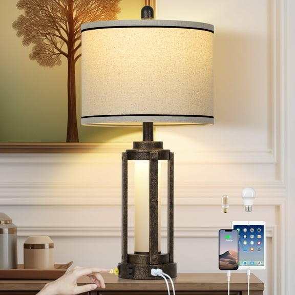 Cinkeda Industrial Gold Table Lamp for Living Room Bedroom 25" Modern Single Bedside Nightstand Lamp with USB A C Ports AC Outlet Nightlight