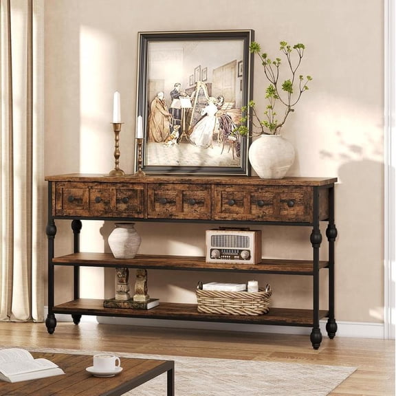 52" Industrial Console Table with 3 Drawers & Open Shelves - Metal Entryway Sofa Table for Behind Couch, Entry or Living Room,Brown