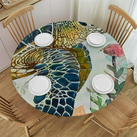 

Qlo0ole Summer Round Tablecloth Fitted Table Cover Elastic Tablecloths Waterproof Outdoor Indoor Stretch Cloth Tablecover for Dinner Party Shower weed Shells Starfish 54-58