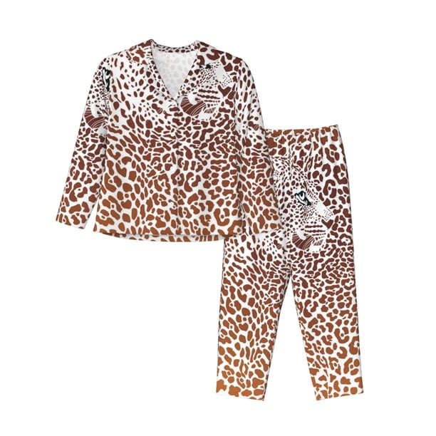 Fotbe Leopard Brown Conjunto de Pijama de Manga Larga para Mujer con Estampado, Ropa de Dormir de 2 Piezas, Conjunto de Casa Suave y Cómodo con Bolsillos-Medium