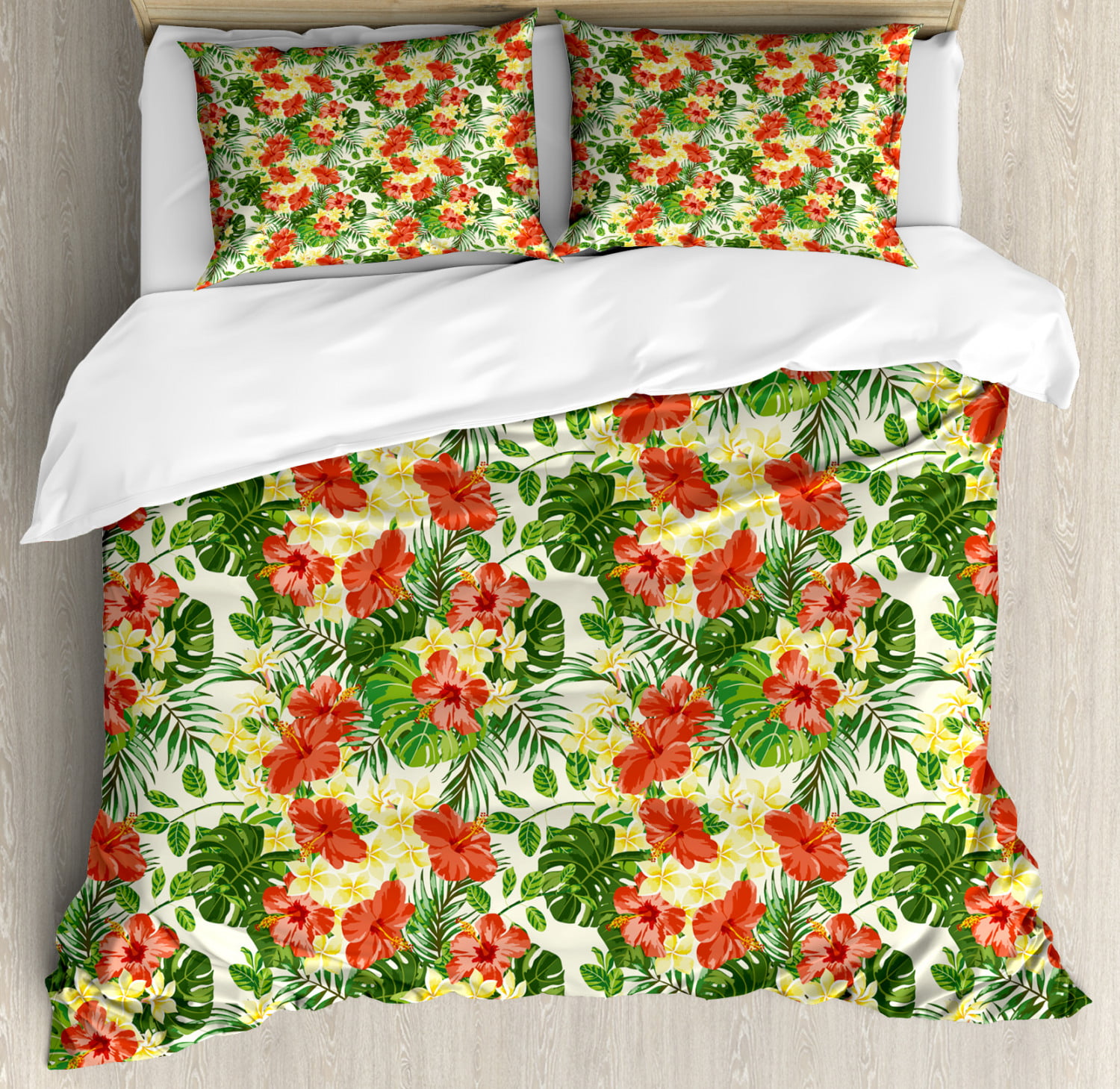 Tropical Duvet Cover Set, Exotic Pattern with Plumeria Hibiscus ...