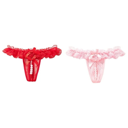 Lojoutye 2 Pack(Red 1PCS & Pink 1PCS) Multipack Lane Dress 14 Womens Lace Thong Massage Pack of Panties Bikini Pearl Transparent Panties