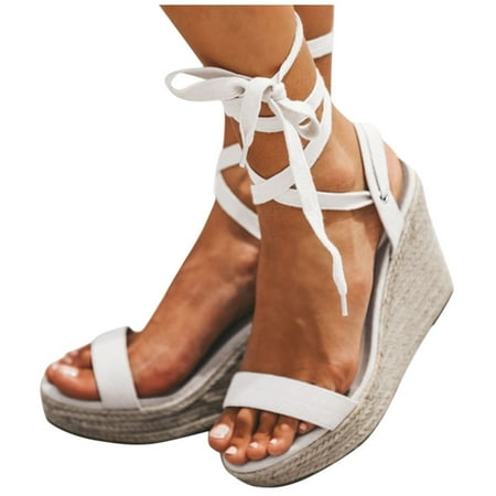 

LIANGP Women s Sandals Ladies Peep Toe Platform Wedges Lace Up Causal Shoes Sandals Women s Shoes White Size 7.5