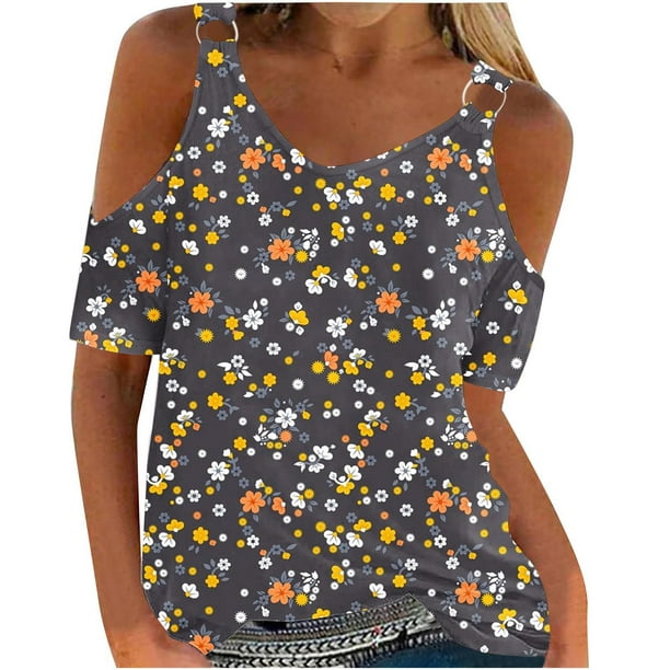 Tops de Hombro Frío para las Mujeres Floral Impresión Off Hombro Manga Corta V-Cuello Blusa, Top de Verano Casual