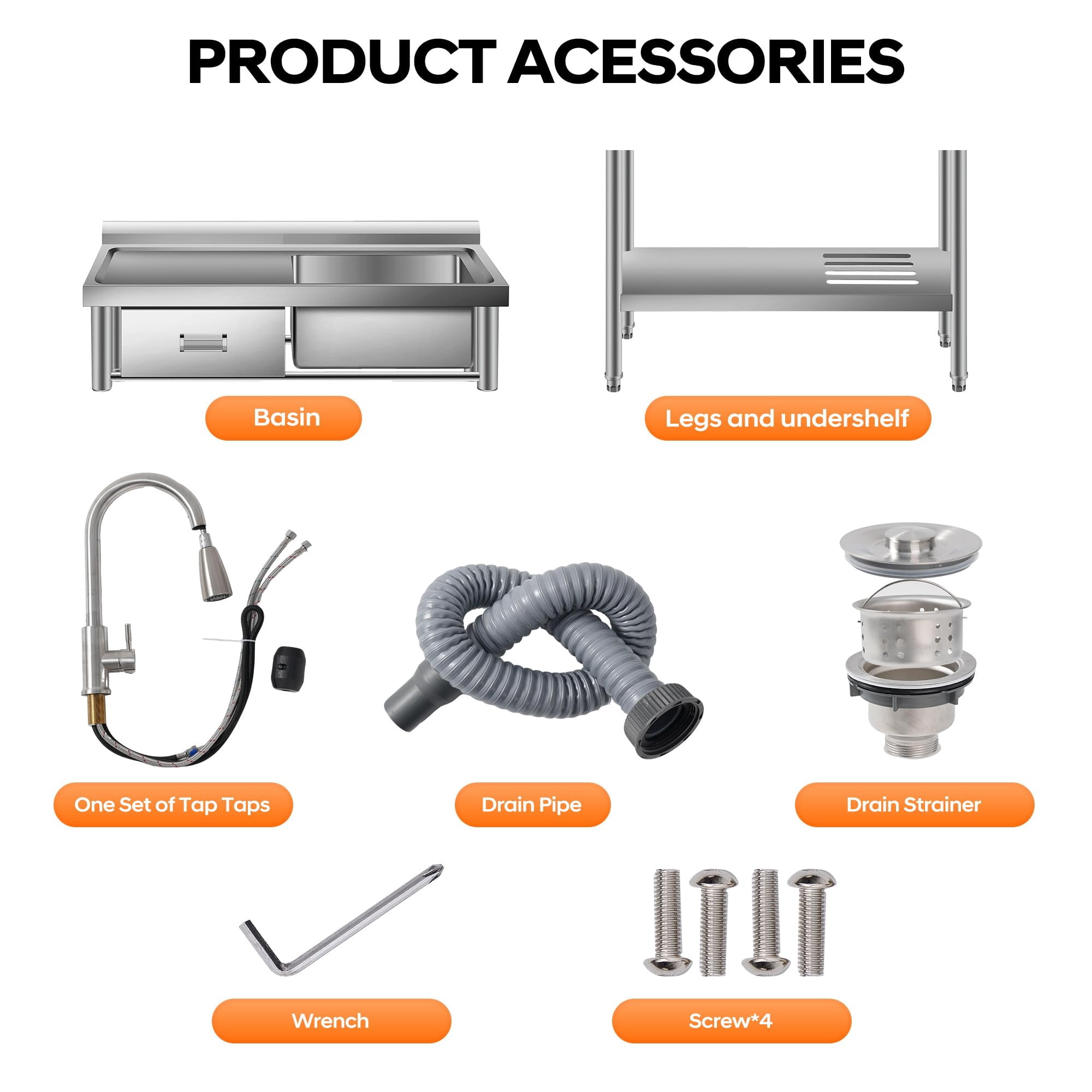 Accreate 39 Inch Single Bowl Stainless Steel Utility Sink, Free Standing Unit with Drawer, Workbench, Storage Rack, Faucet & Full Plumbing Set