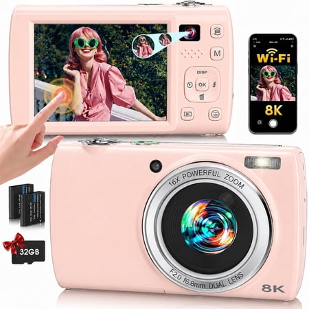 ACTITOP 8K Digital Camera for Photography 88MP WiFi Vlogging Camera for YouTube with Front Rear Lens Touch Screen Video Camera with 32GB Card for Beginners