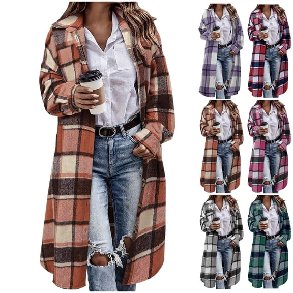 Gamivast Women Fall Flannel Plaid Shacket Long Button Down Stand Collar Jackets with Chest Pockets Casual Oversized Long Sleeve Side Split Coats Trendy Work Outerwear
