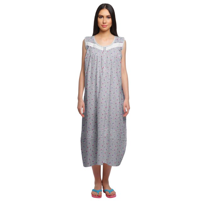 Moomaya Chemise de Nuit Imprimée pour Femmes Mi-Longue en Coton avec Manches