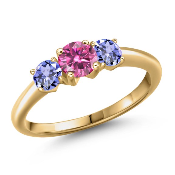 Gem Stone King 18K Yellow Gold Plated Silver Pink Moissanite and Blue Tanzanite Engagement Ring for Women | 1.10 Cttw | Round 5MM | Gemstone Birthstone | Size 5