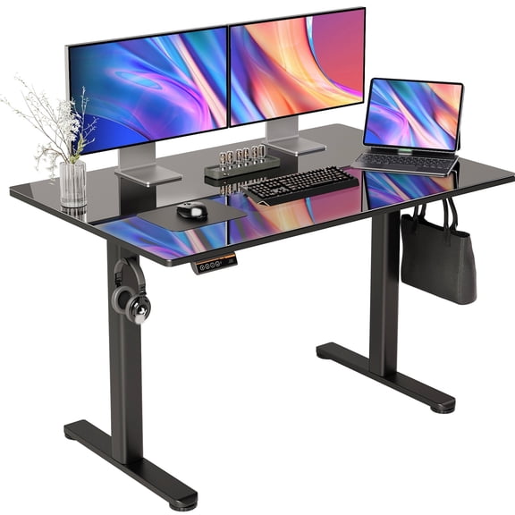 48" Glass Standing Desk, Electric Height Adjustable Sit Stand Desk with Writable Tempered Glass Desktop for Home Office | Black
