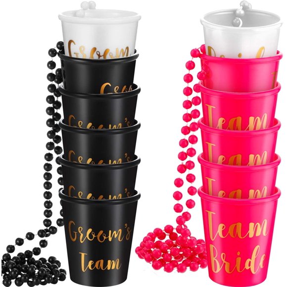 12 Pcs Team Bride Groom Bachelorette Shot Glass Necklace with Plastic Beads Chain Gold Foil Bridesmaid Gifts for Wedding Bachelorette Party Bachelor Bridal Shower Decorations(Stylish)