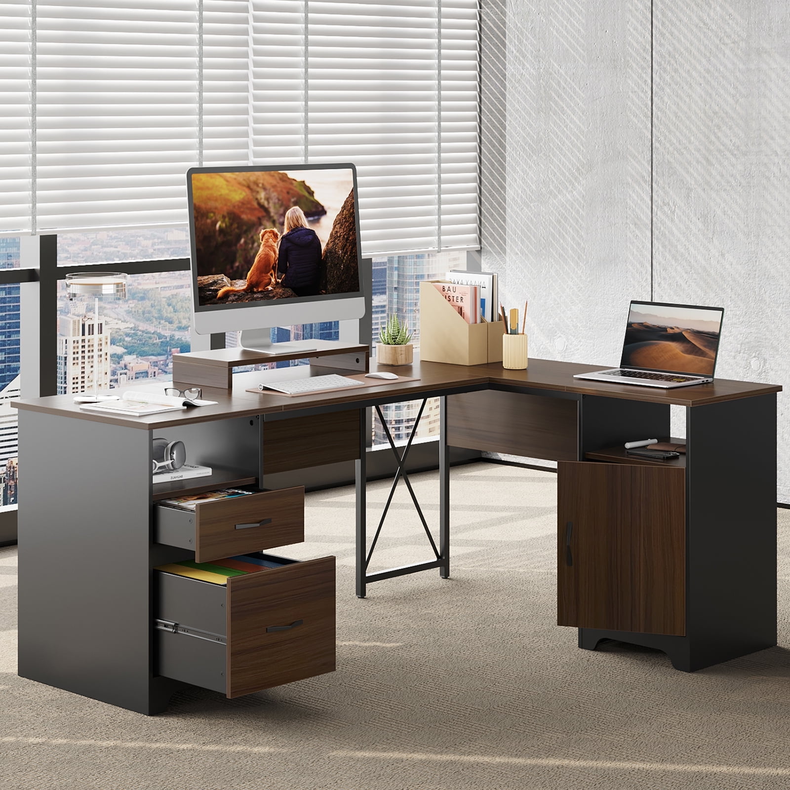 Bestier L Shaped Desk with Drawers 63" Executive Office Computer Desk with Monitor Stand, File Drawers for Home Office, Cherry