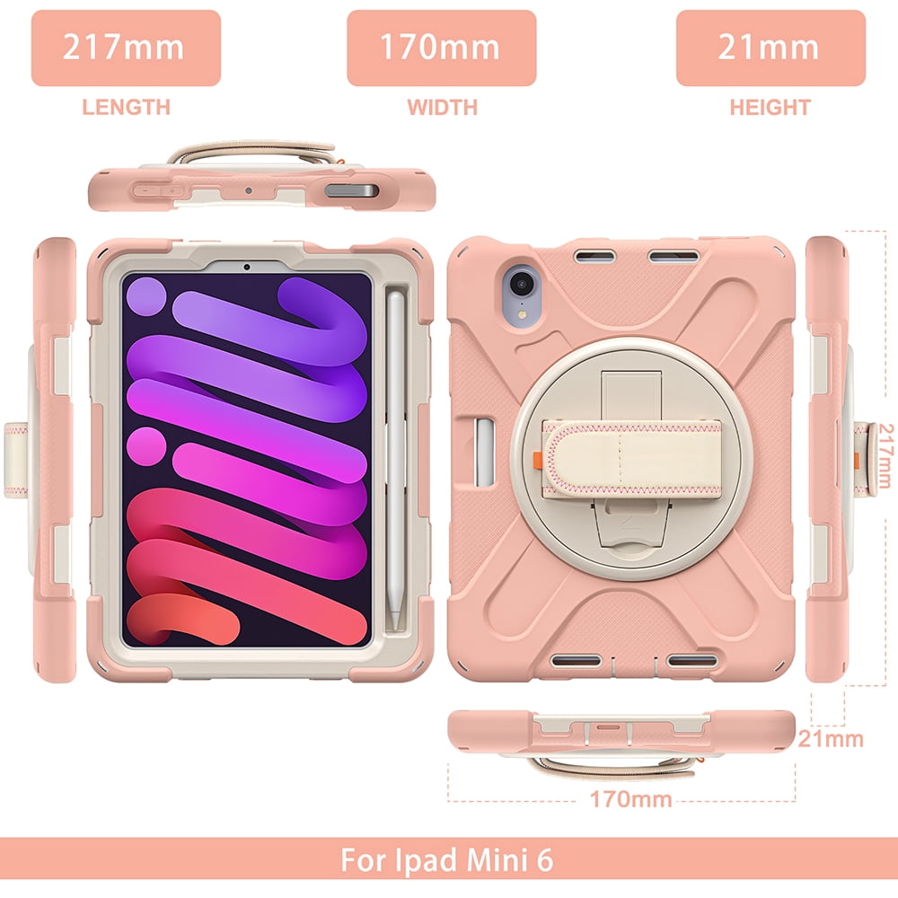 For Apple iPad Mini 6 (2021) Heavy Duty Rugged Hybrid with Kickstand, Shoulder Hand Strap, Pencil Holder Shockproof Full Protective Cover ,Xpm Phone Case [Pink]