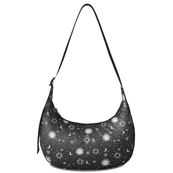 Dark Gothic Crescent Crossbody Bag with Steampunk Moon Star Print, Celestial Night Sky Eclipse Design, Adjustable Strap Lunar Artistic Purse