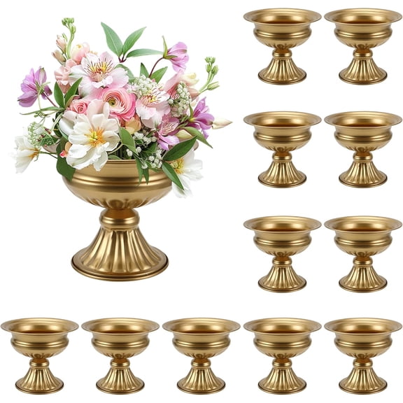 Set of 12 Gold Vintage Urn Vases, 6.6 Inch Small Pedestal Metal Vase, Classic Gold Vase for Wedding Centerpieces, Party, Home and Anniversary Table Decor