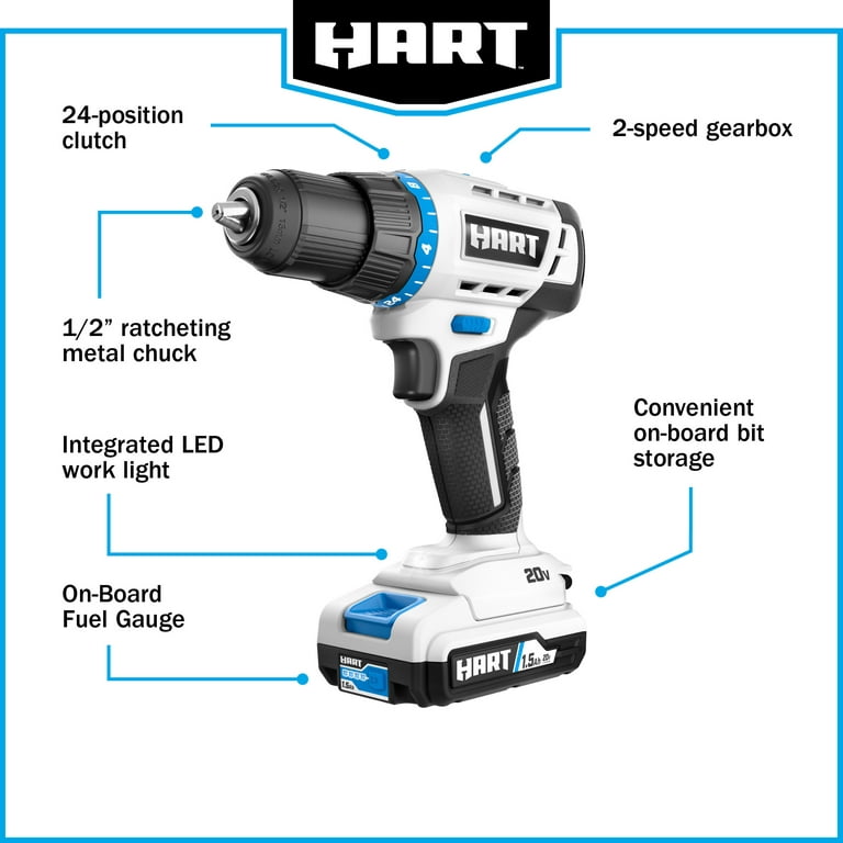 HART 20-Volt 1/2-inch Cordless Drill/Driver Kit, (1) 1.5Ah Lithium-Ion  Battery, Gen 2