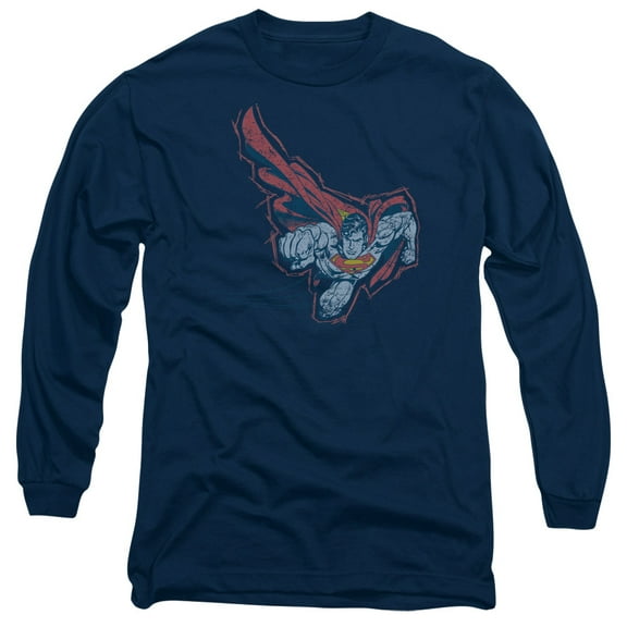 Superman Scribble & Soar Long Sleeve Adult 18/1 T-Shirt Navy