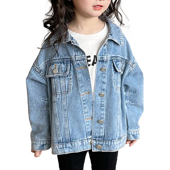Grblisyd Girl's Ripped Flap Pocket Button Front Long Sleeve Collared Denim Jacket