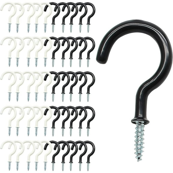 50pcs 2 Inch Ceiling Hooks Heavy Duty, Cup Hooks Screw in, C Hooks Screw for Hanging Plants Lights Mugs Wind Chimes Cups(Black and White)