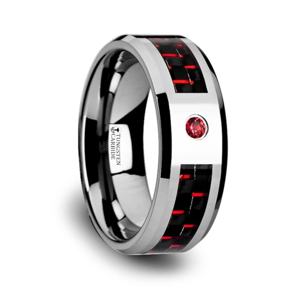 Thorsten Comfort Fit Tungsten Carbide Mens Wedding Band Ring Black And Red Carbon Fiber Inlay Bezel Set Lab Created Red Ruby Beveled Edges Style Name Adrian