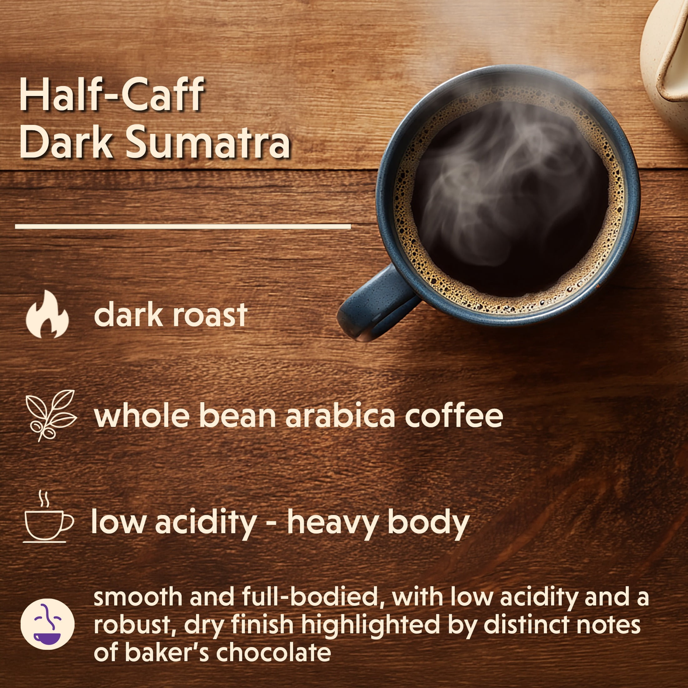 Coffee Bean Direct Half-Caff Dark Sumatra, Whole Bean Coffee, Arabica, Dark Roast, 5 lb Bag