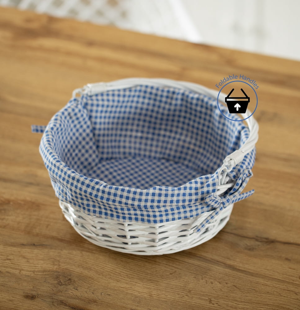 Traditional White Round Willow Gift Basket with Blue and White Gingham Liner and Sturdy Foldable Handles, Food Snacks Storage Basket, Small