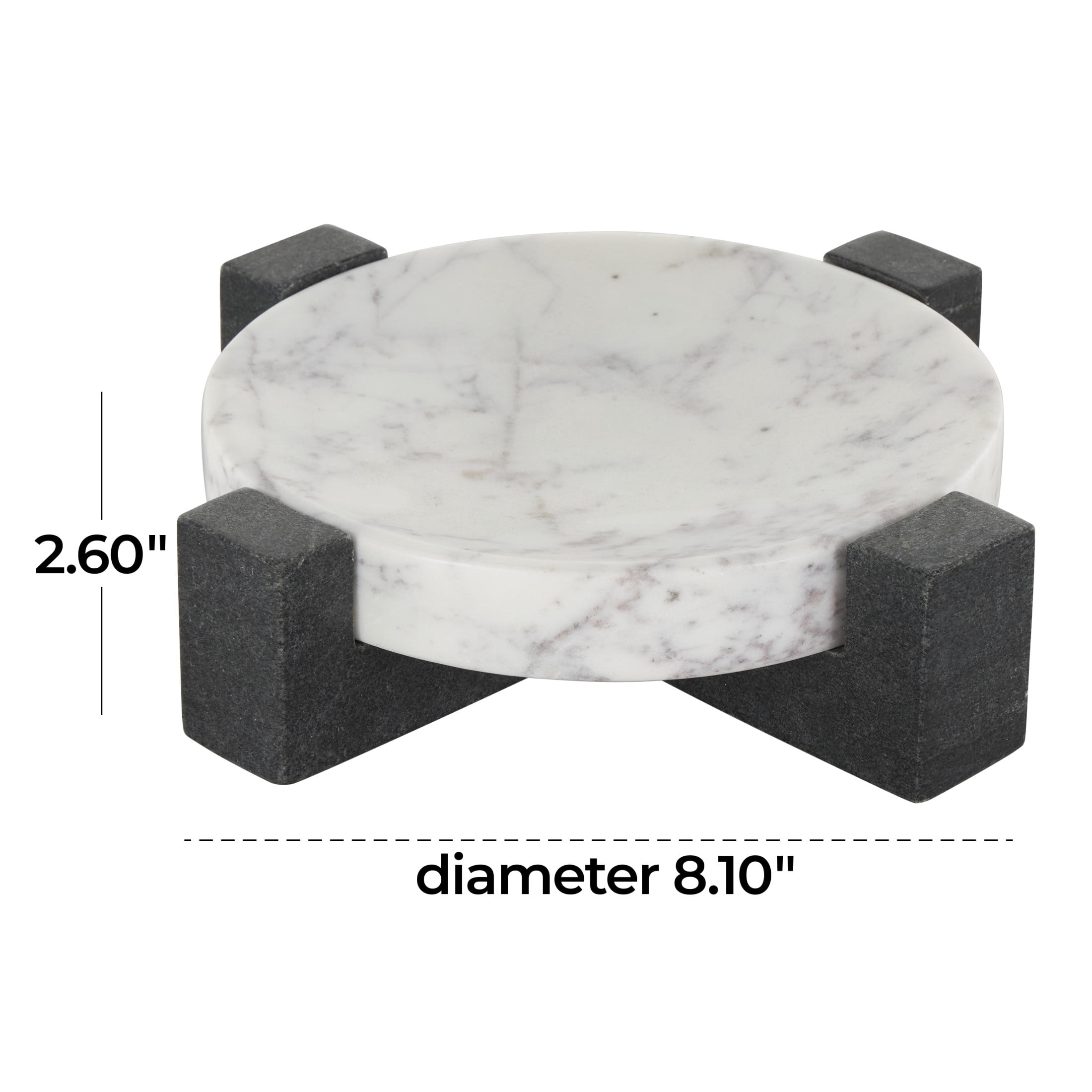 DecMode 8" x 8" White Marble Round Geometric Tray with Black X-Shaped Base, 1-Piece