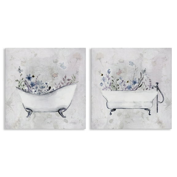 Stupell Industries Antique Tubs with Botanics Floral Painting Wrapped Canvas Canvas Art Print Wall Art, 17 x 17, Set of 2
