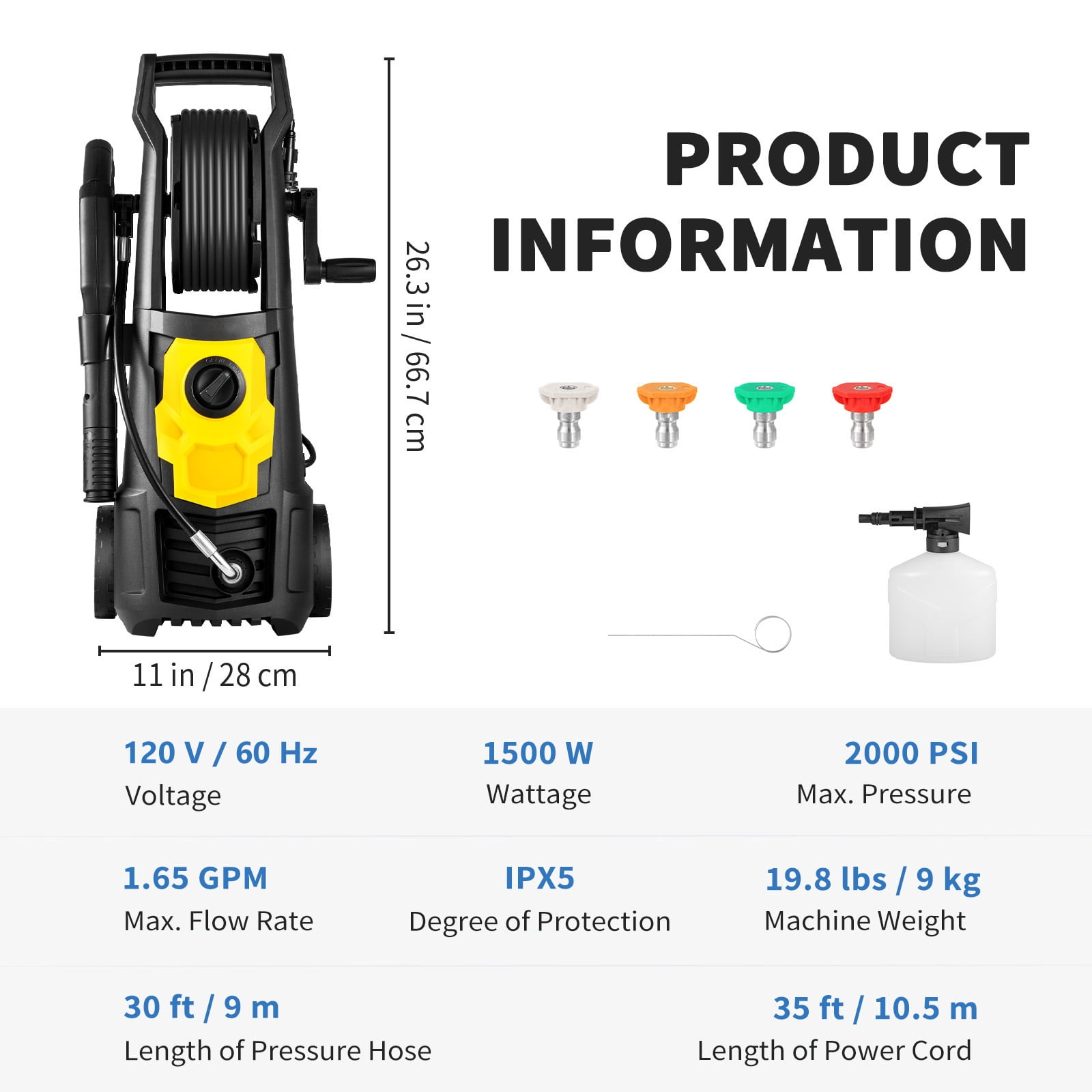 KFFKFF Electric Pressure Washer, 2000 PSI, 1.65 GPM Max Flow with 20 ft Hose & Reel, 4 Nozzles, Foam Cannon, Portable for Cleaning Patios, Cars, Fences, Driveways, ETL Certified