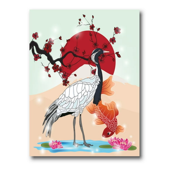 Designart ' Koi Fish With Crane Bird ' Farmhouse Canvas Wall Art Print