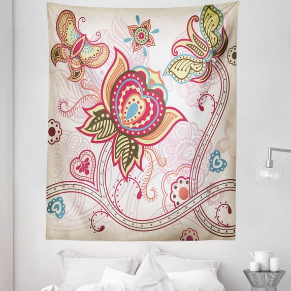 Floral Tapestry, Flower and Butterfly Floral Arragement Design Print, Fabric Wall Hanging Decor for Bedroom Living Room Dorm, 5 Sizes, Pink Beige Khaki, by Ambesonne