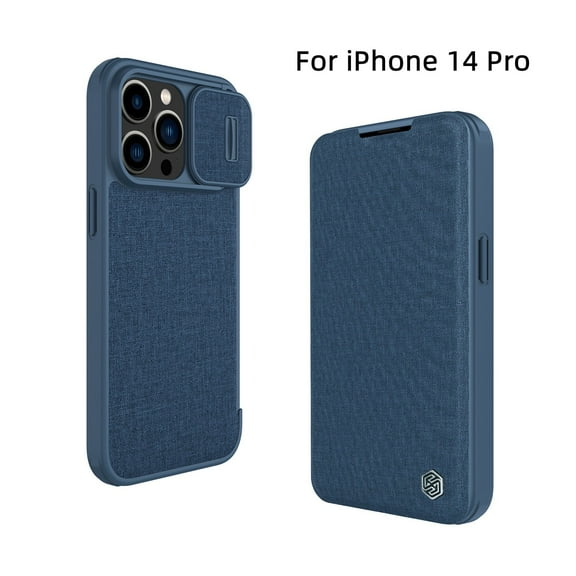 Allytech Case for iPhone 14 Pro (6.1" 2022), Heavy Duty Protective PC Backplane Anti-scratch Lens Slide Window Wireless Card Slots Kickstand Leather Surface Luxury Flip Folio Case, Blue