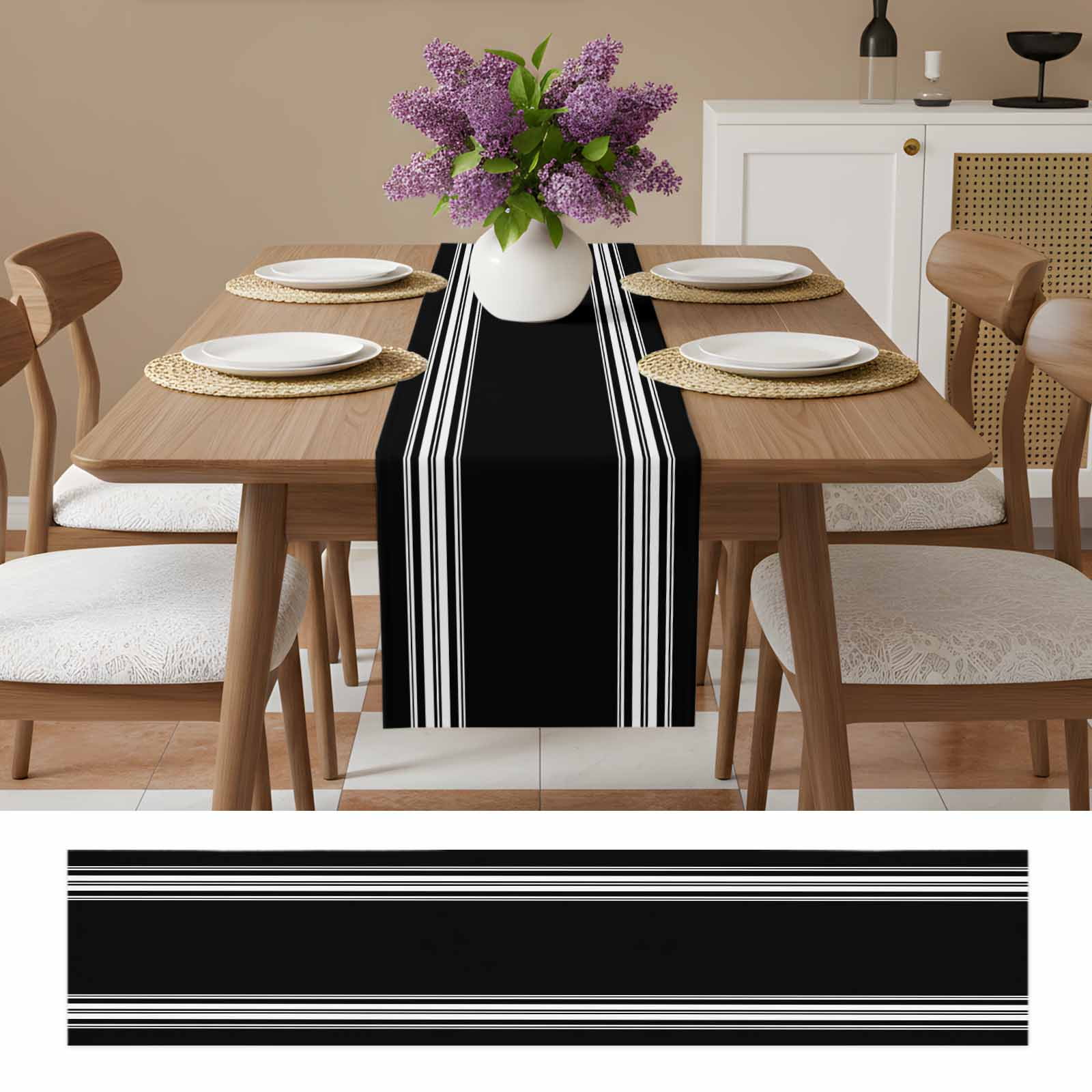 Black Striped Table Runner, Farmhouse Black White Stripes Washable Cotton Linen Table Runners 120 Inches Long, Dresser Scarf Runner for Dining/Living Room/Kitchen/Square Tables 13''x120''