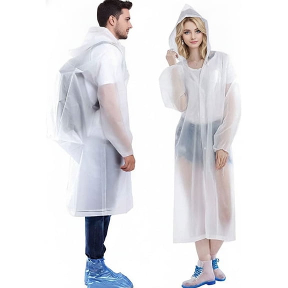 Adult EVA Rain Poncho, 2 Pack Reusable Hooded Sleeved Raincoat, White